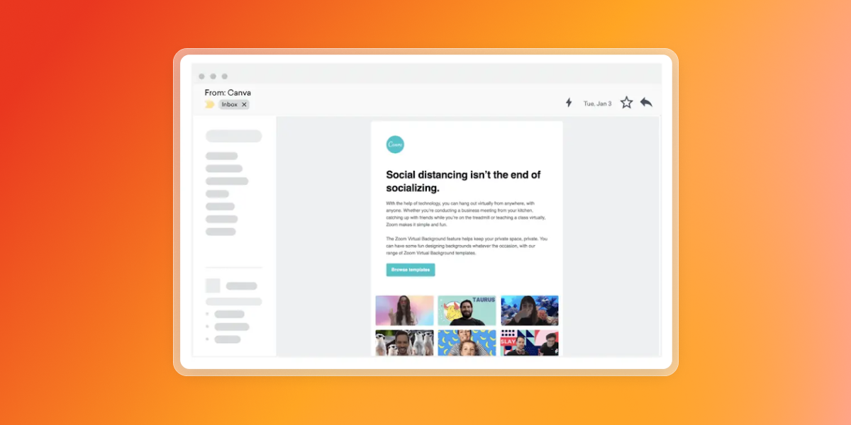 A laptop screen displays a Canva email promoting virtual backgrounds for online socializing, showing six small preview images of people using them.