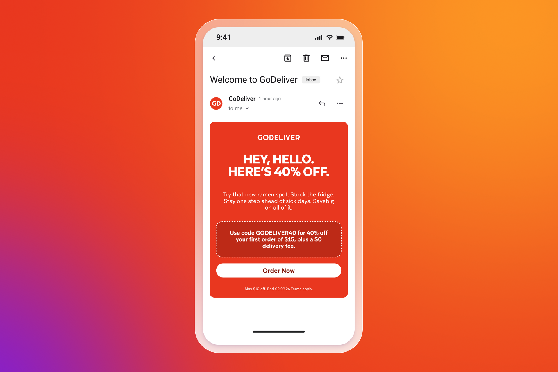 Smartphone displaying a GoDeliver email with a 40% off promotion and an "Order Now" button, on an orange gradient background.