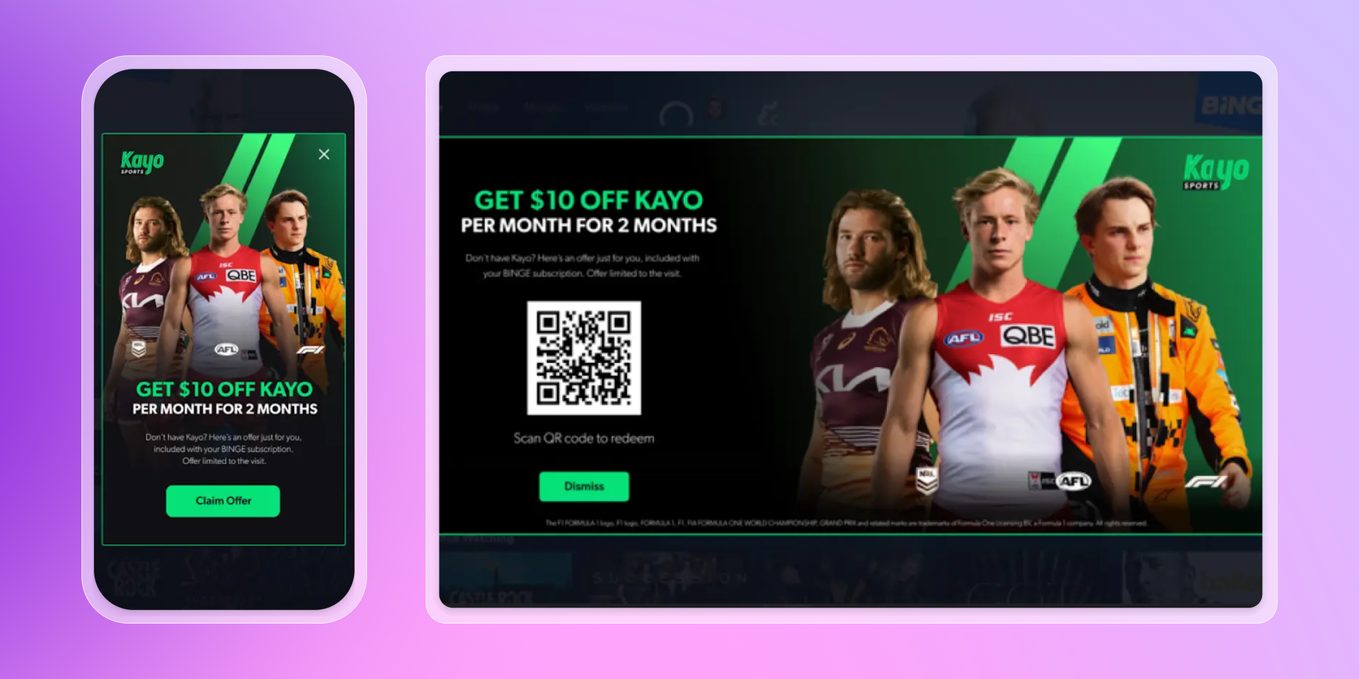 Two Kayo Sports ads offering $10 off per month, featuring three athletes; one mobile, one desktop with a QR code.