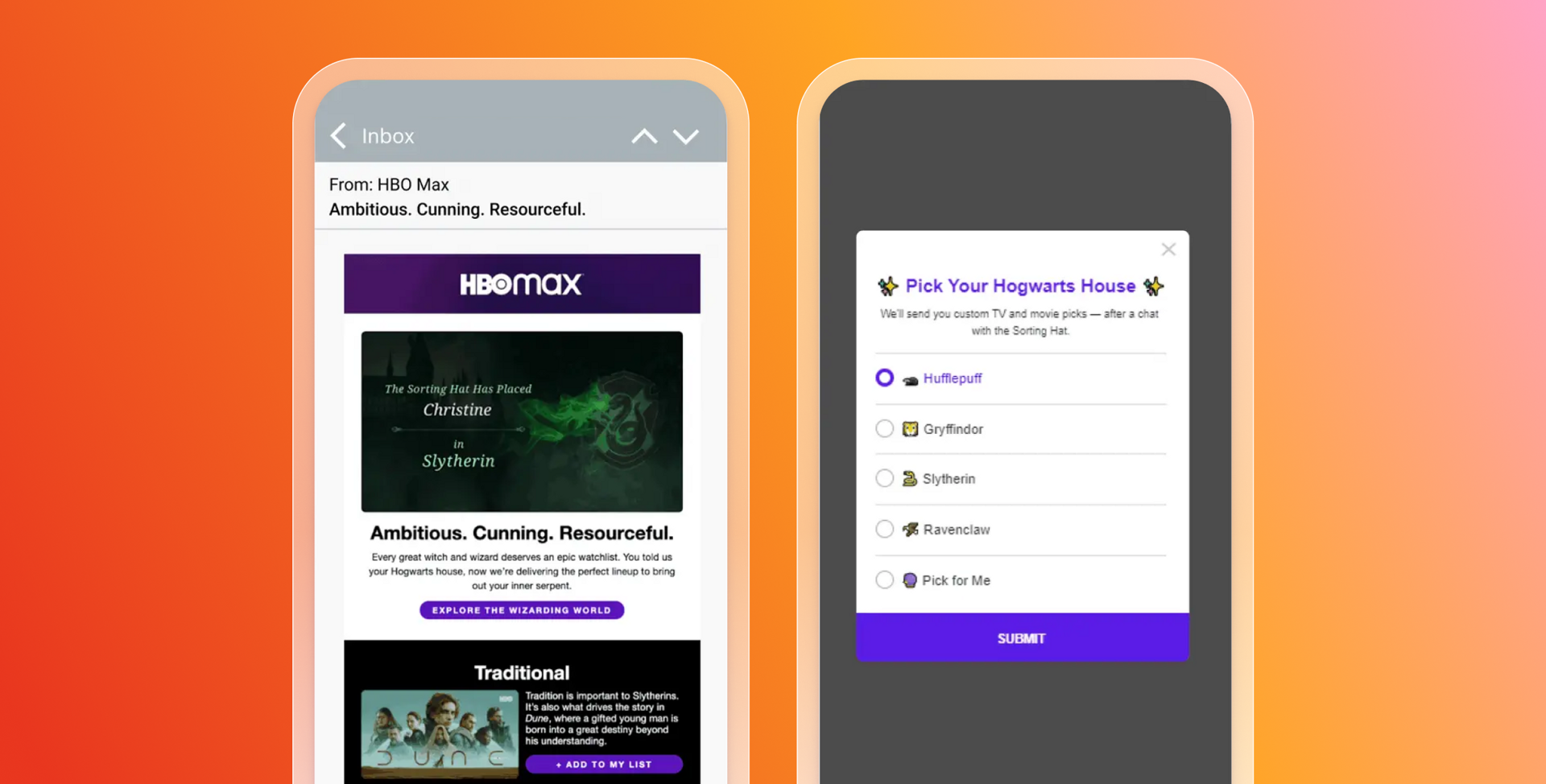 Two phones displaying Harry Potter themed content: an HBO Max email promoting Slytherin and a pop-up to pick a Hogwarts House.