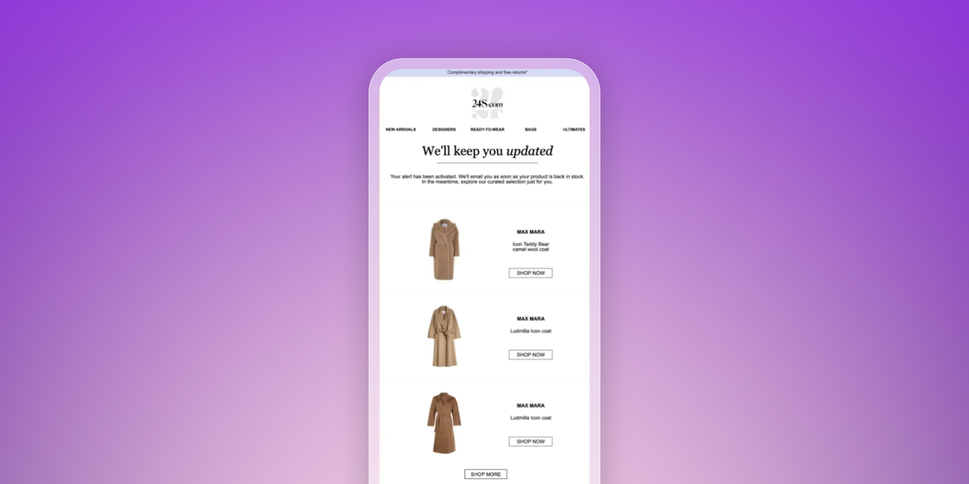 A mobile phone displaying an e-commerce page with a "We'll keep you updated" message and three coats.