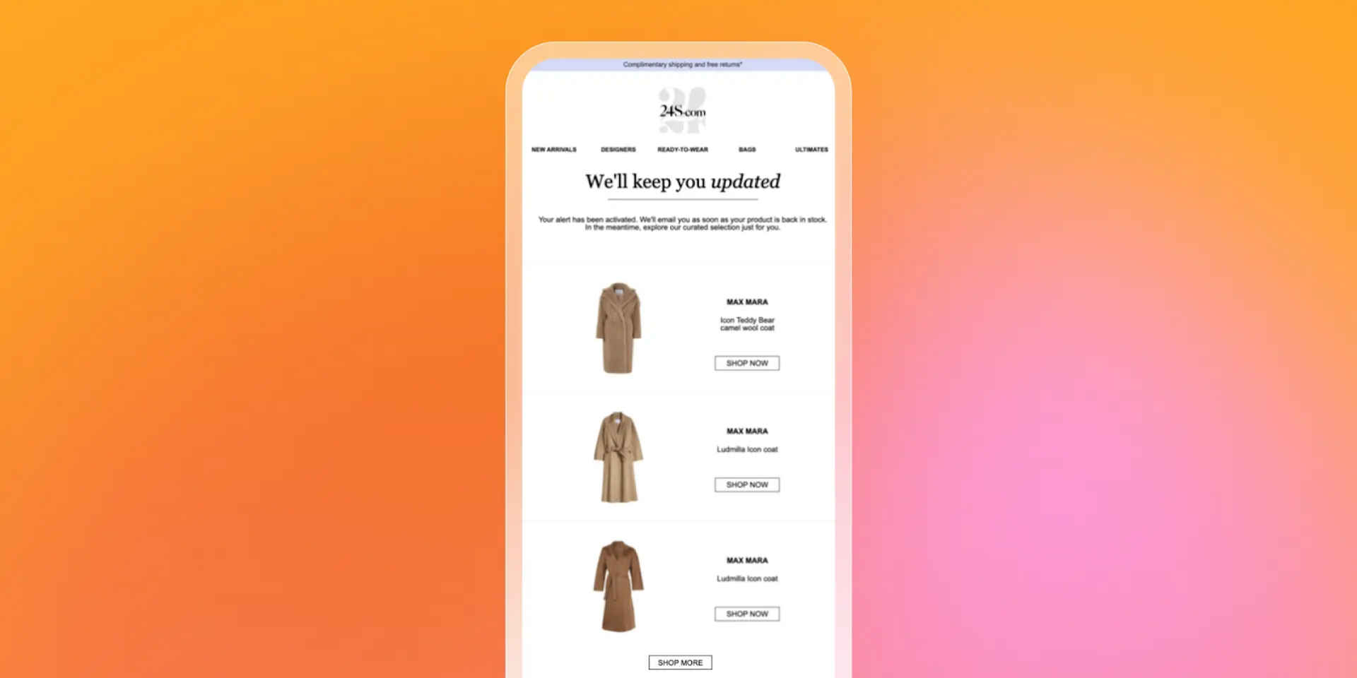 A mobile phone displaying a 24S email with three trench coats and the text "We'll keep you updated" on an orange and pink gradient background.