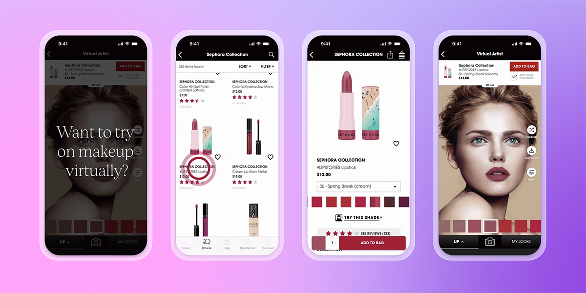 A sequence of four smartphone screens demonstrating the Sephora app's virtual makeup try-on, from selecting a lipstick shade to viewing it on a model's face.