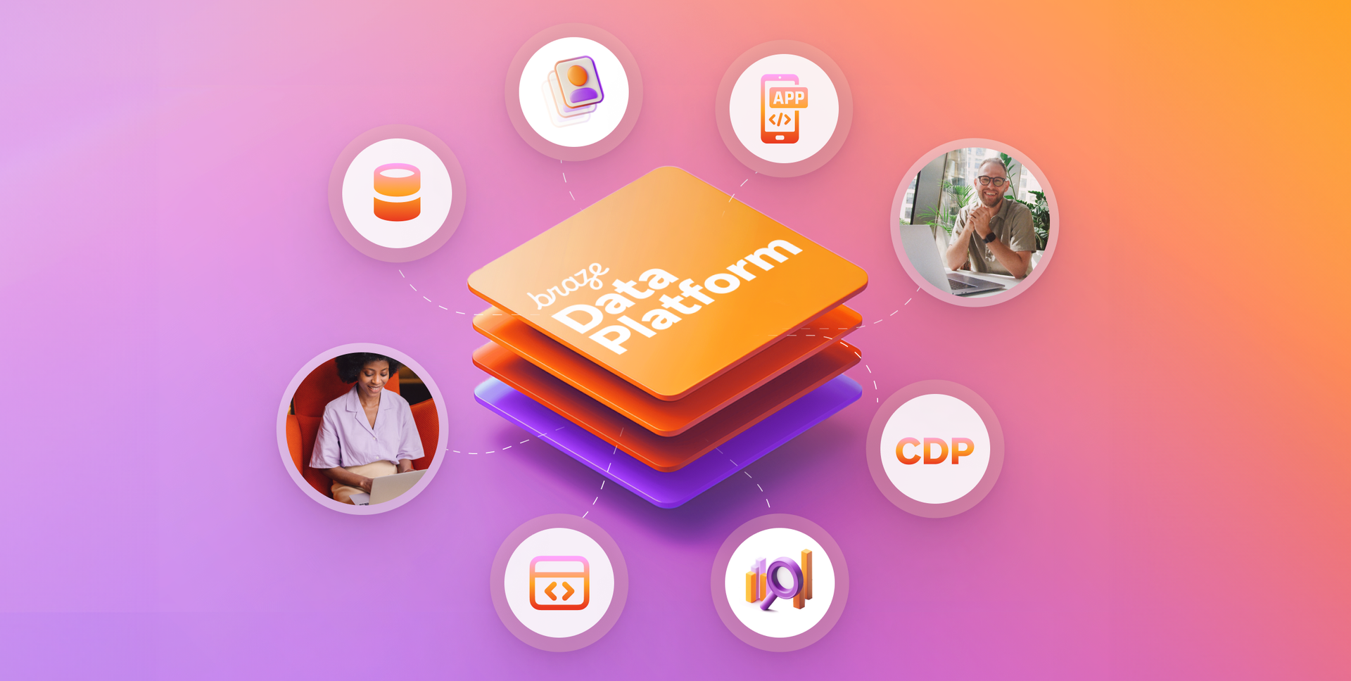 an illustration of a data platform surrounded by icons