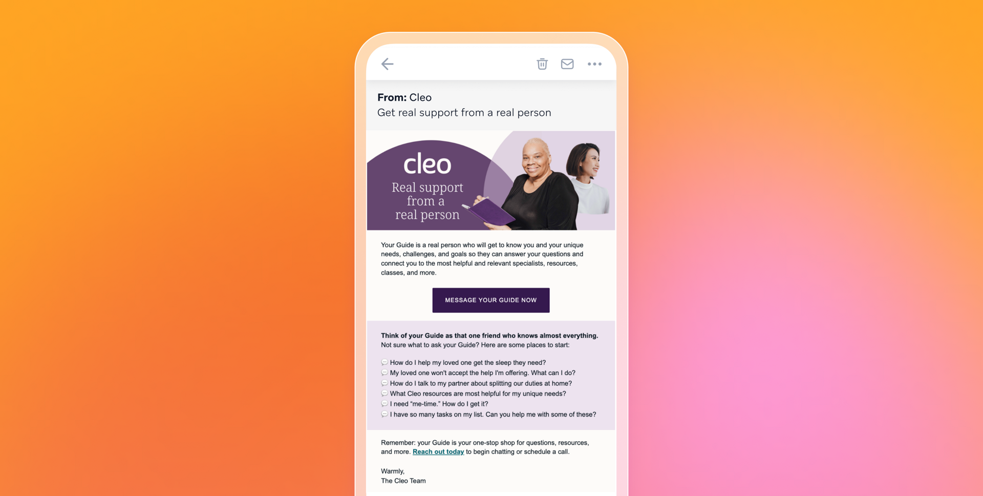 An email from Cleo about getting support from a real person