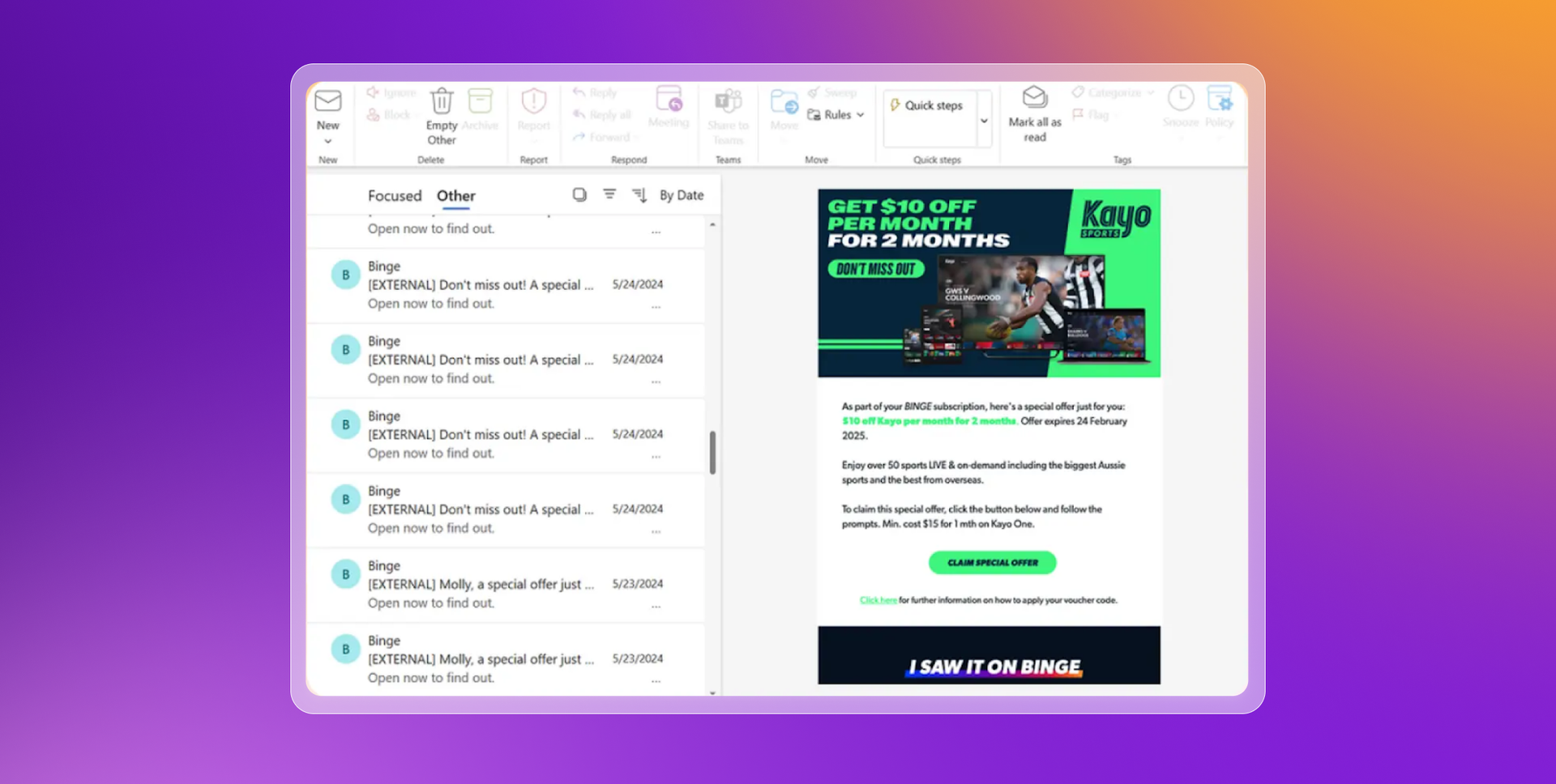 An email client displays an inbox on the left and an opened Kayo Sports promotional email for $10 off on the right.