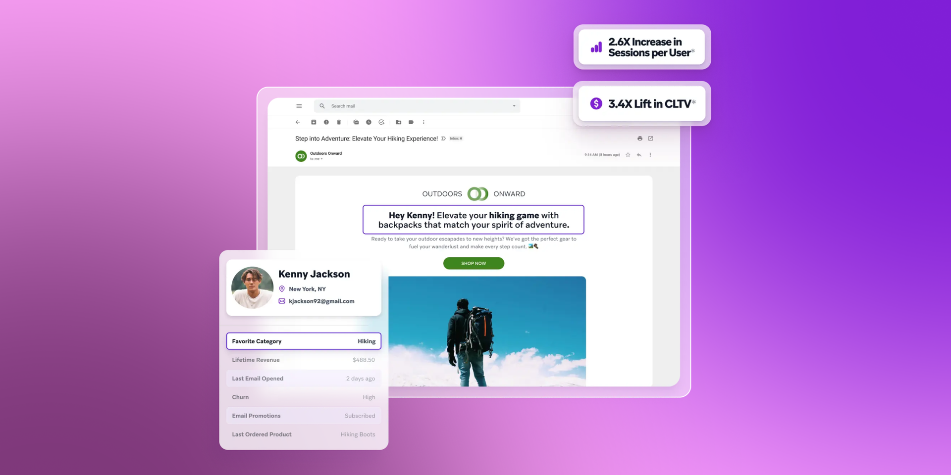 a purple background with a screenshot of an email with a picture of a man with a backpack