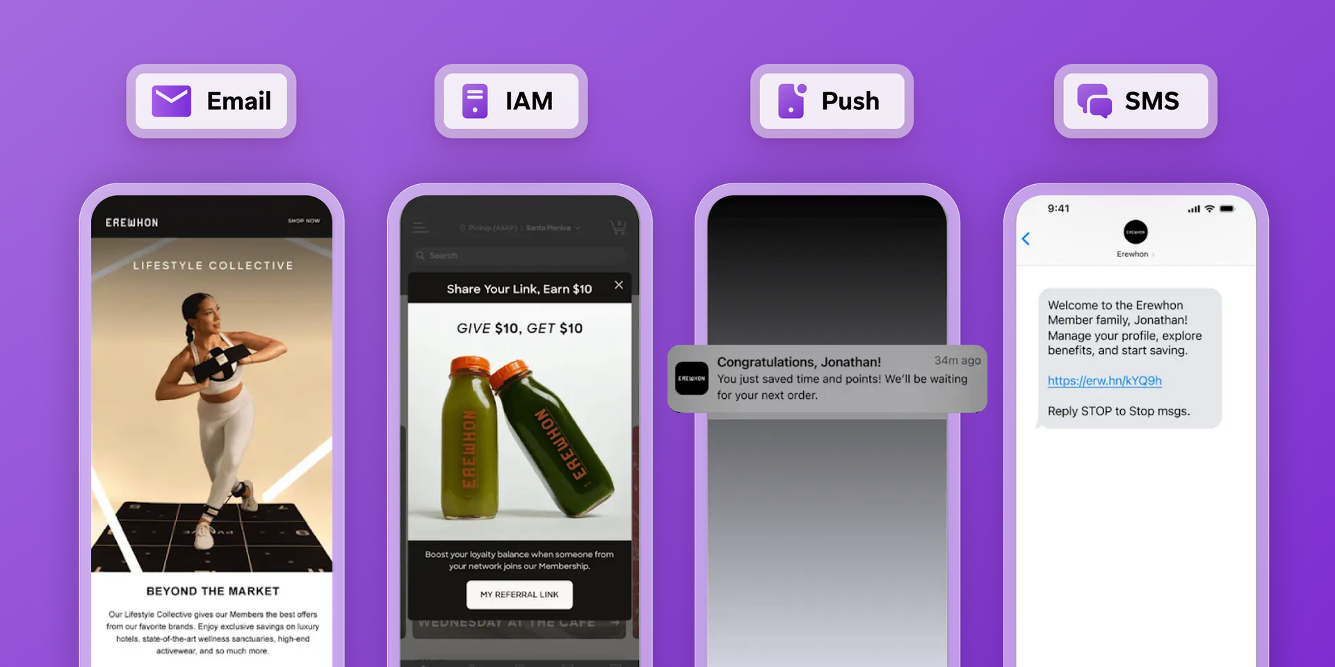 Four mobile phones demonstrating email, in-app messaging, push notifications, and SMS communications, all featuring Erewhon branding.