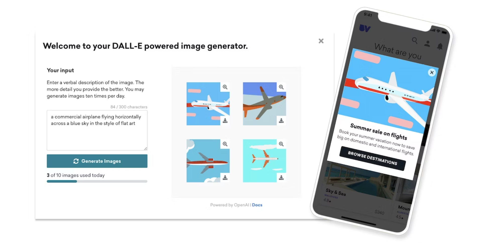 A DALL-E screen generating flat art airplane images and a smartphone displaying a flight sale pop-up with a similar airplane illustration.