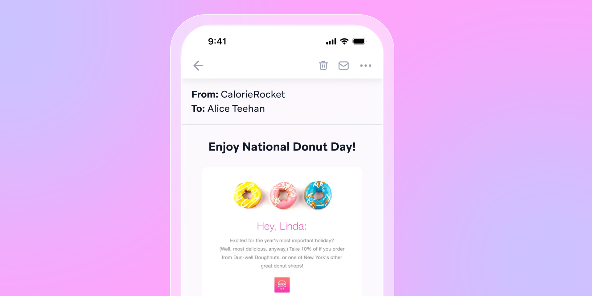 a phone screen shows an email from calorierocket to alice tehan