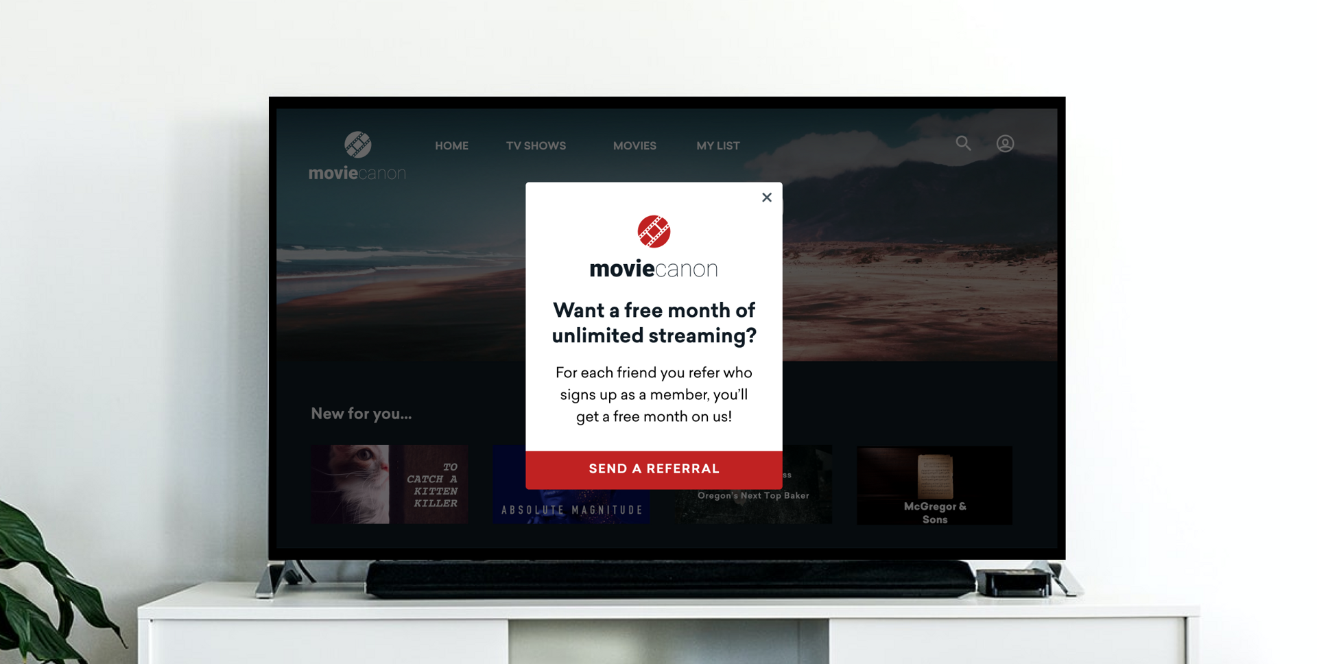 a tv screen displays a popup for movie canon