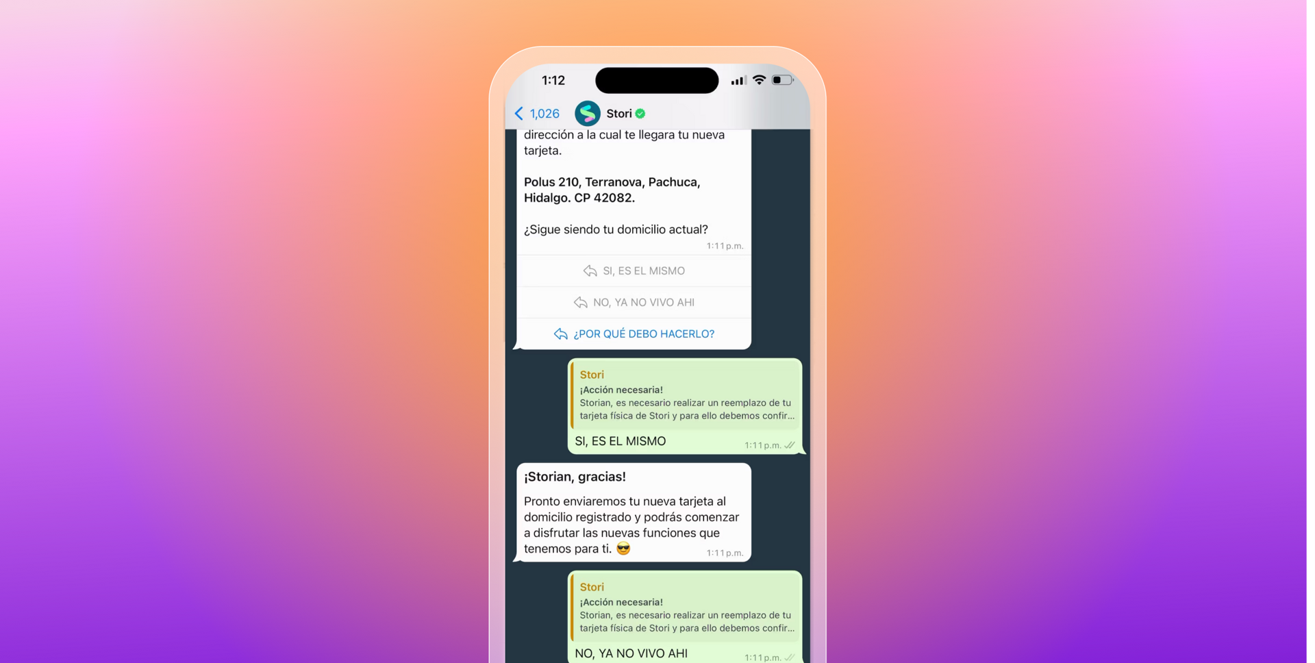 A smartphone displays a Spanish WhatsApp conversation with Stori about confirming an address for delivery of a replacement card, against a pink, orange, and purple gradient background.