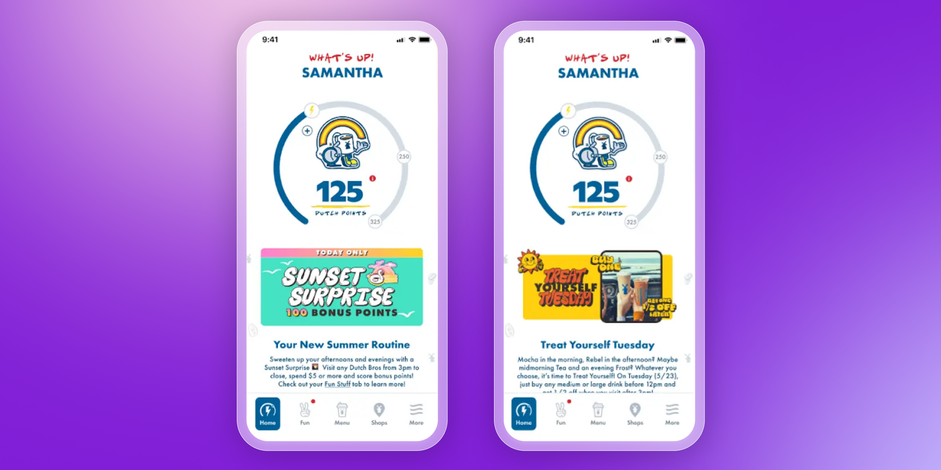 Two smartphone screens display a loyalty app dashboard, featuring "Puttin' Points" progress and promotional banners for "Sunset Surprise" and "Treat Yourself Tuesday."