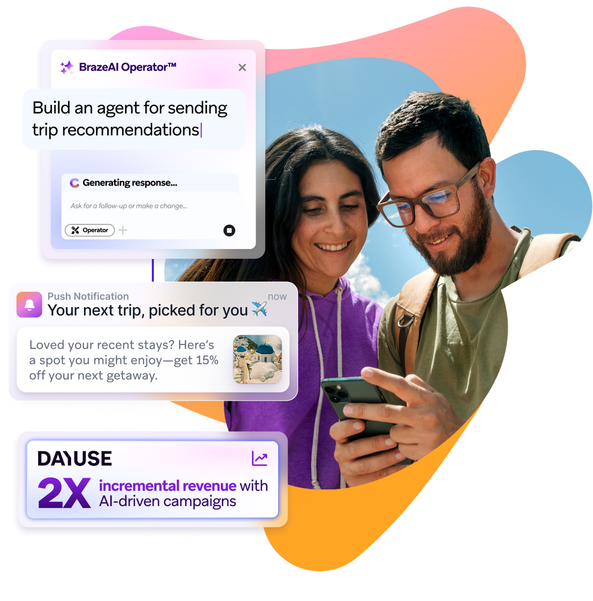 A smiling couple looks at a smartphone, surrounded by AI-powered marketing UI displaying trip recommendations, personalized notifications, and revenue growth.