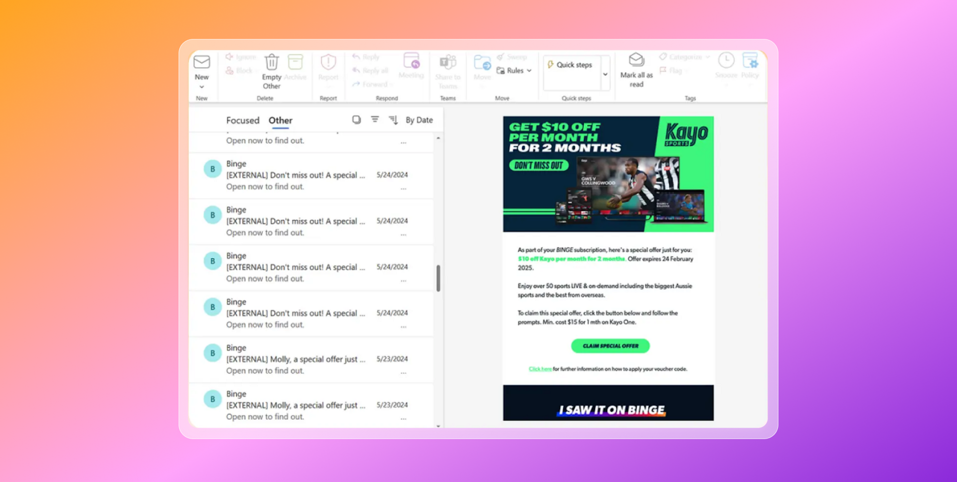 An email client displaying an inbox on the left and an opened Kayo Sports promotional email on the right offering $10 off.