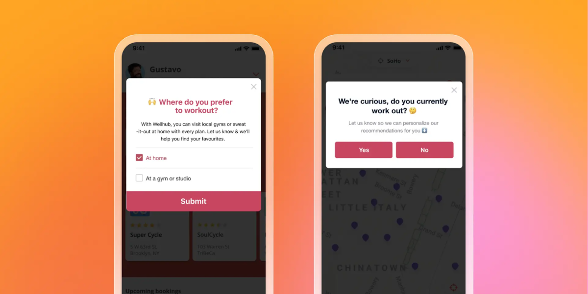 Two mobile screens showing fitness app pop-ups: one asks workout preference with "At home" selected, the other asks if the user currently works out.