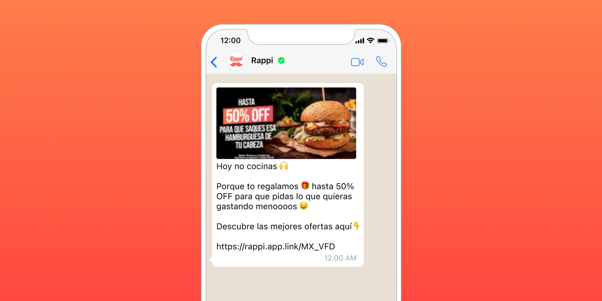 a phone with a hamburger on the screen that says 50 % off
