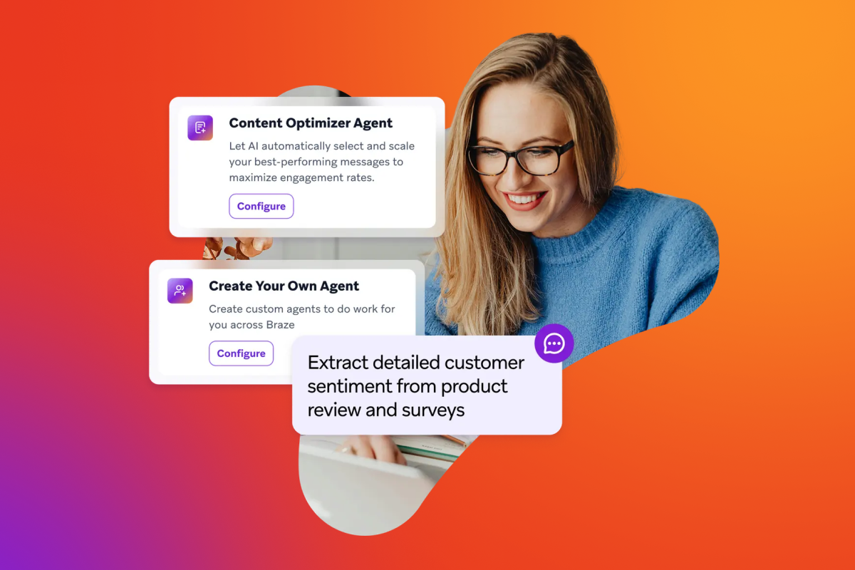A smiling woman in glasses looks down, surrounded by white pop-up boxes describing AI agent features for content optimization and customer sentiment analysis.