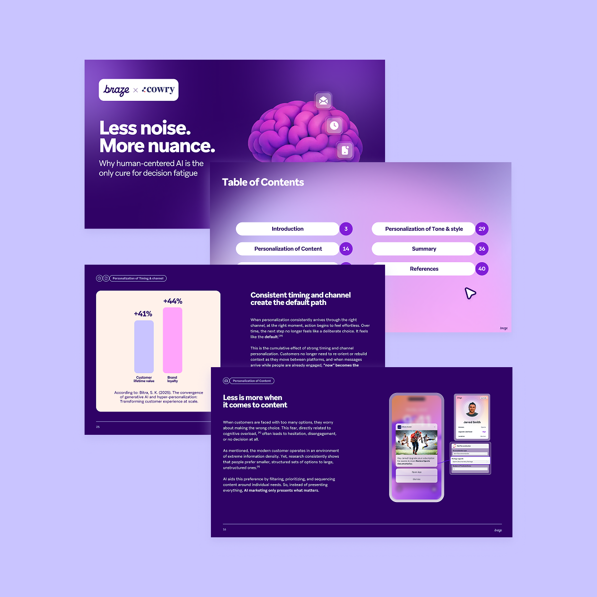 A stack of presentation slides from a "braze x cowry" report on human-centered AI and personalization, with titles like "Less noise. More nuance." and "Table of Contents".