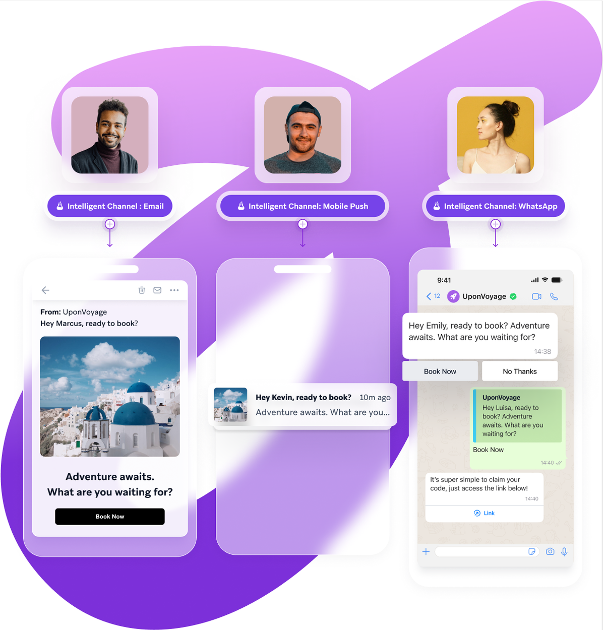 Unified messaging across multiple channels with a phone screen shows a message that says " adventure awaits what are you waiting for "