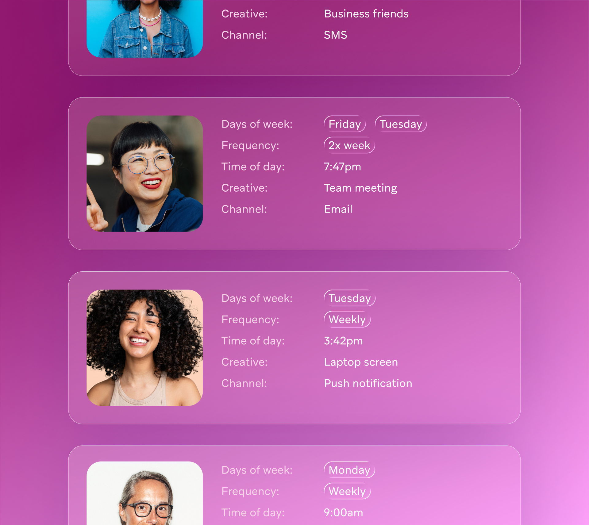 User interface with purple cards showing profiles and scheduling details.