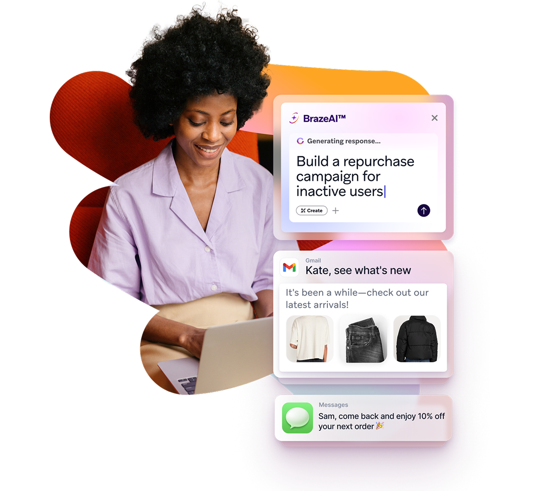 A woman on a laptop next to floating screens showing AI marketing campaign generation, personalized email offers, and discount messages.