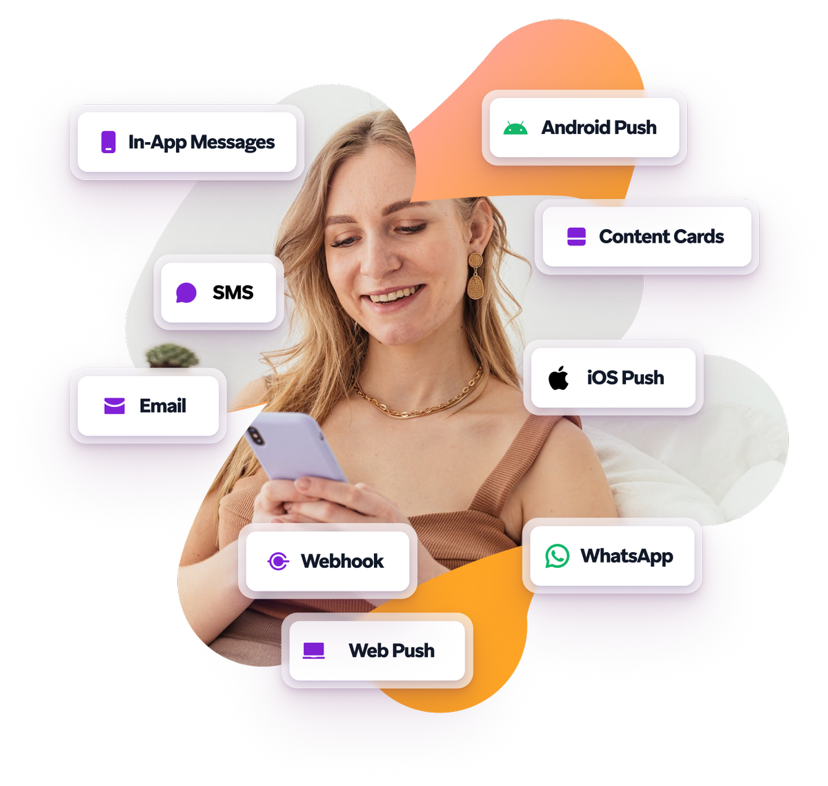 a woman is smiling while looking at her phone with icons around her including sms email webhook and whatsapp. Unified messaging across multiple channels