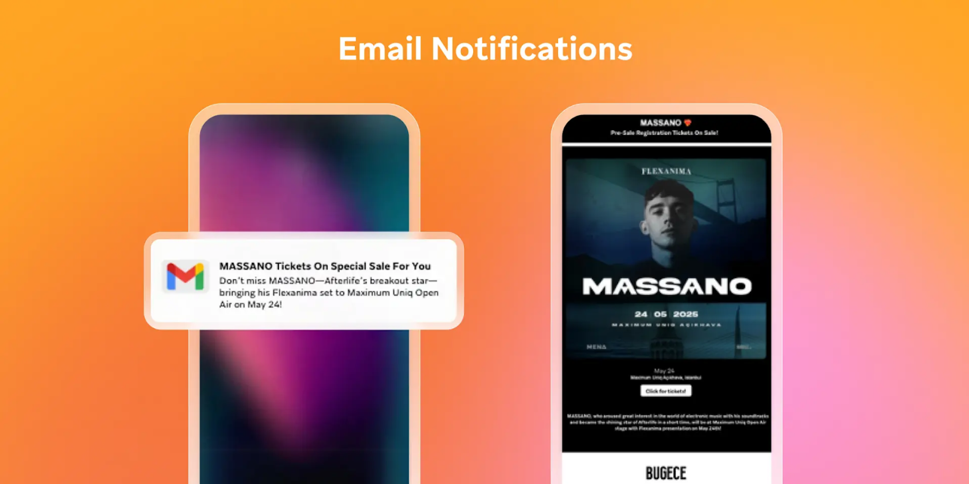 Two phones display email notifications: a Gmail alert for Massano tickets and an open email showing an artist's photo promoting a Massano event.
