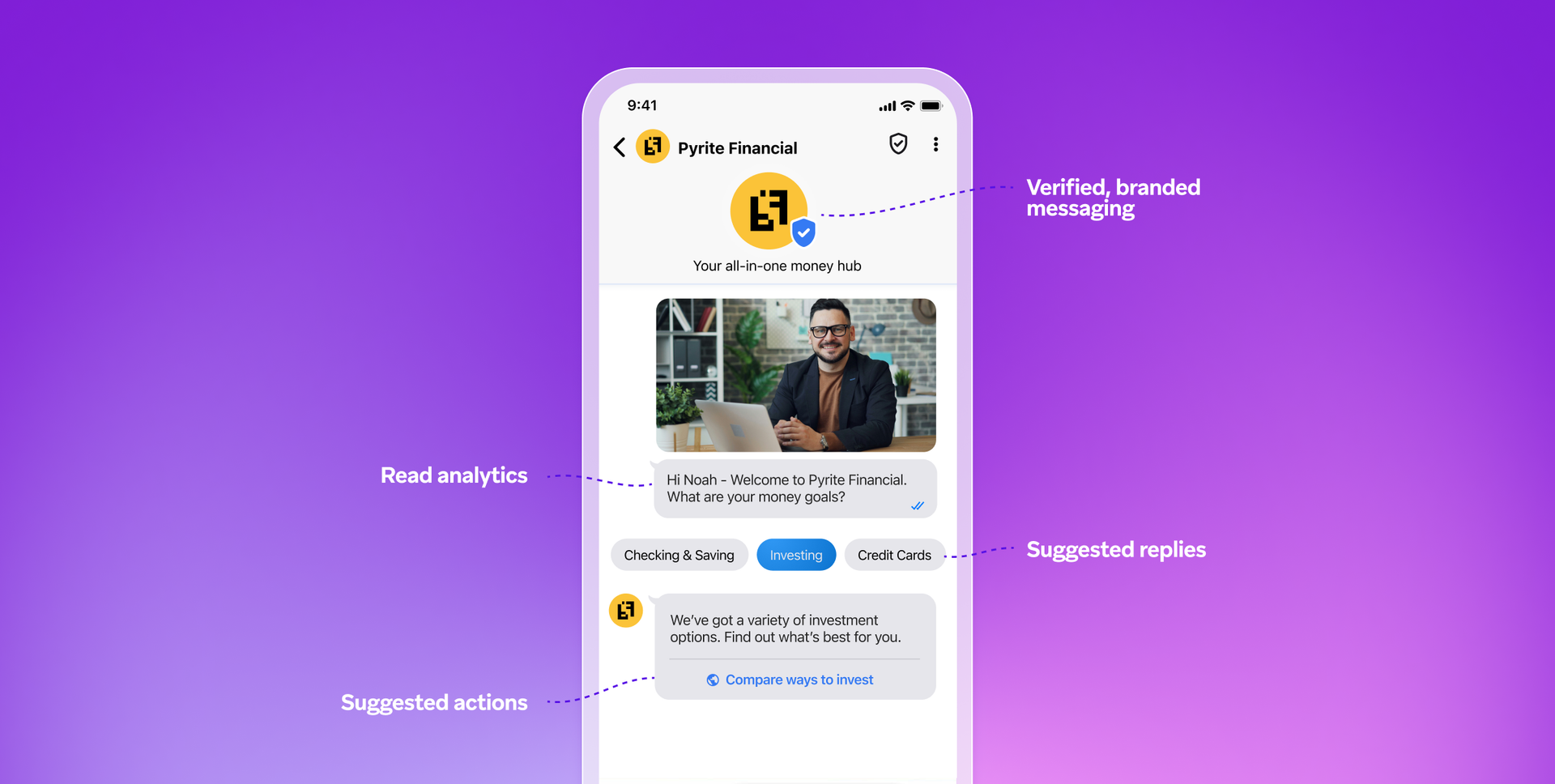 a screenshot of a financial app on a purple background