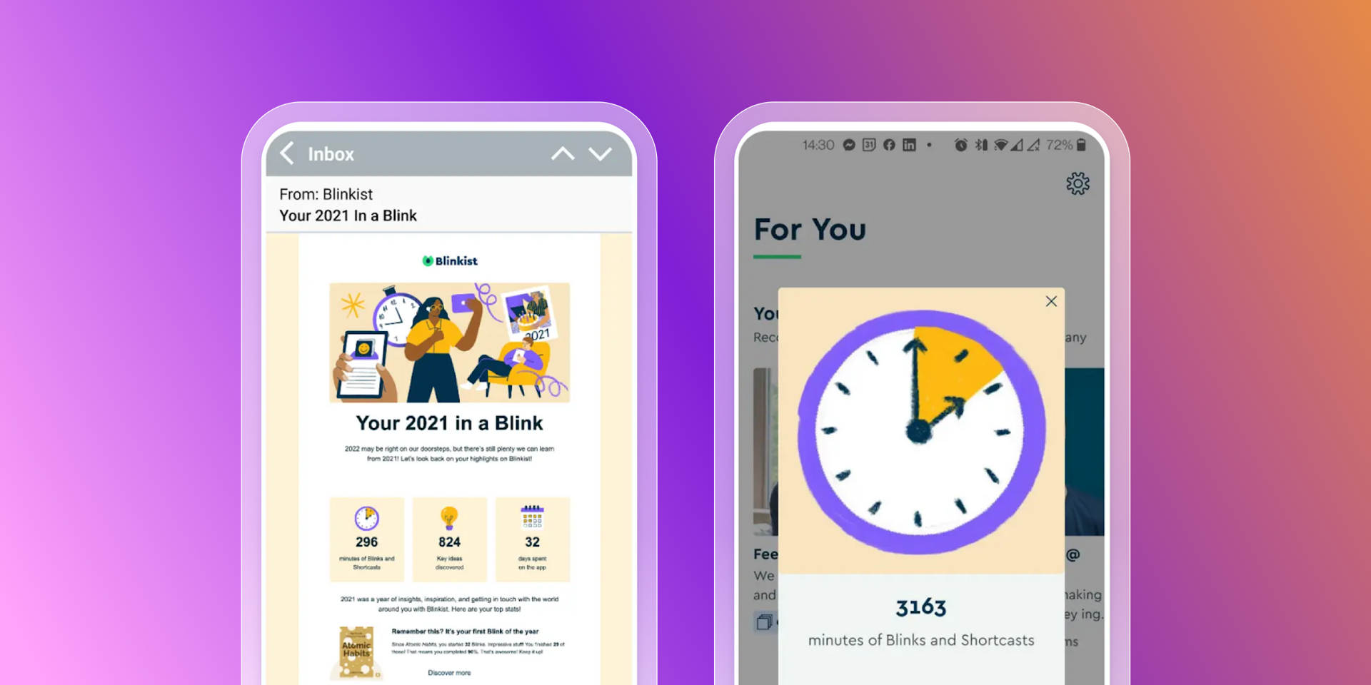 Two phones displaying Blinkist app year-end summaries with usage statistics.