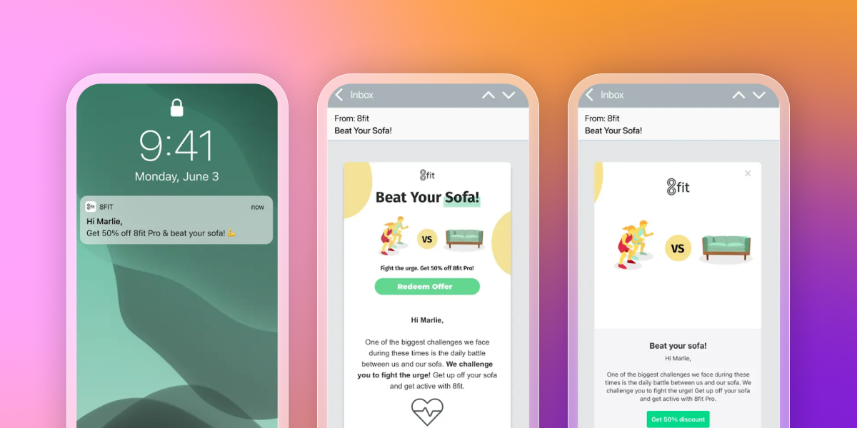Three iPhone screens display 8fit app notifications and emails, promoting a "Beat Your Sofa!" fitness challenge and a 50% off offer.