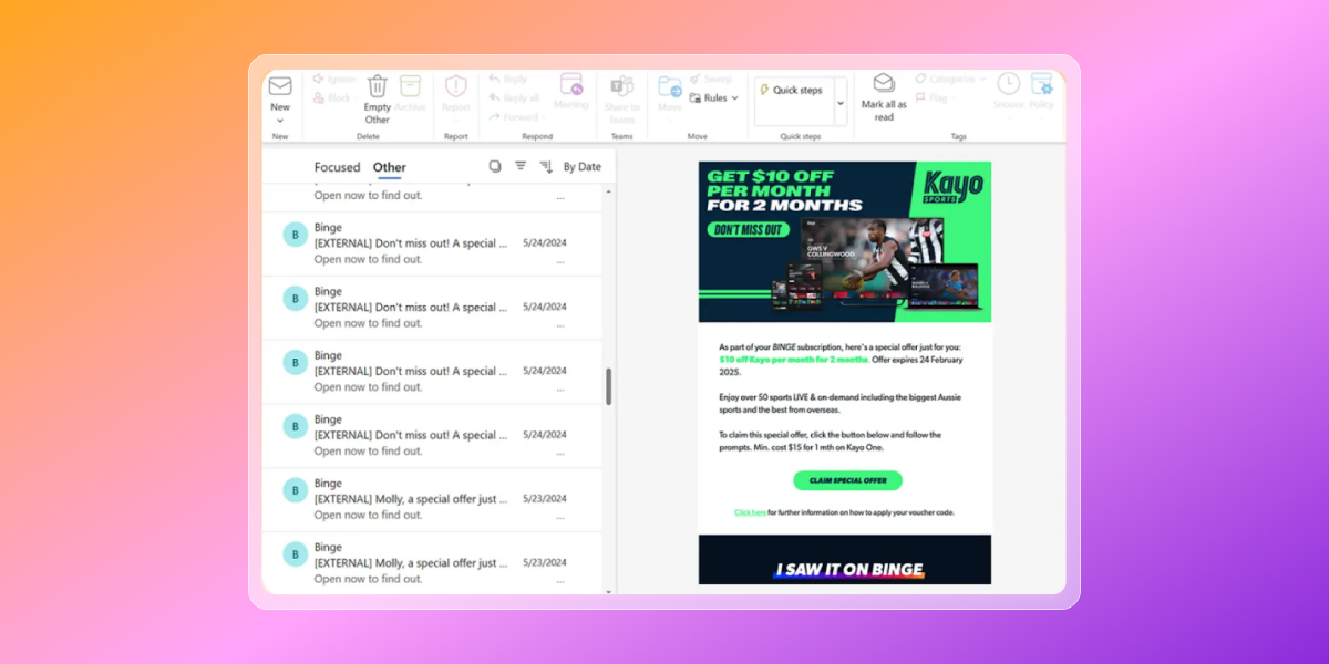 An Outlook email client displaying an inbox and an open promotional email for Kayo Sports offering $10 off per month.