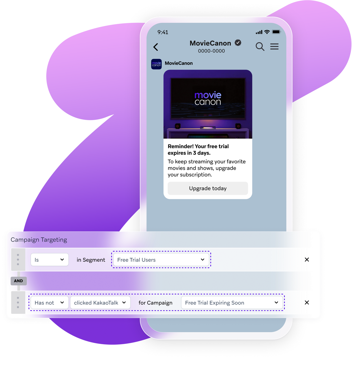 A smartphone displays a "free trial expiring in 3 days" notification, overlaid with campaign targeting rules for "Free Trial Users" who "Has not clicked KakaoTalk for Campaign Free Trial Expiring Soon."