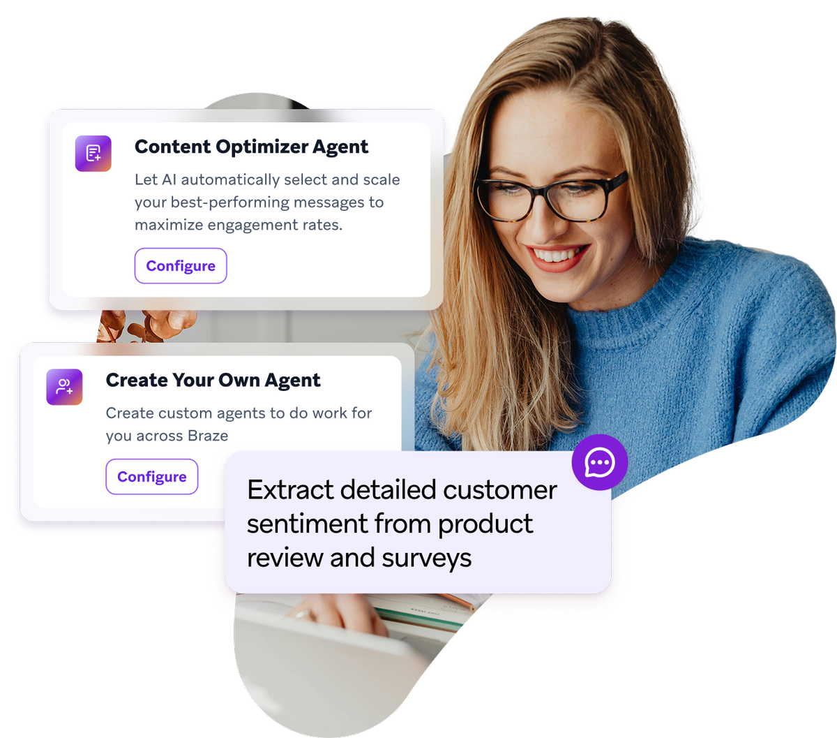 a woman is smiling while looking at a computer screen