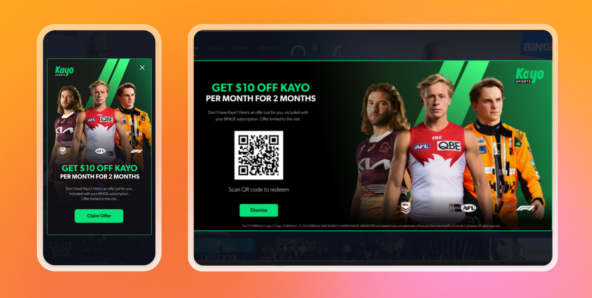 A phone and screen with a get $10 off Kayo message