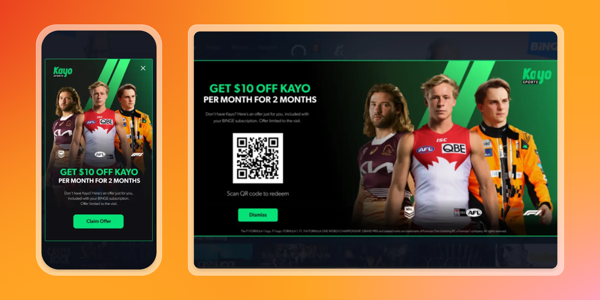 Kayo Sports ad for $10 off monthly for 2 months, displayed on mobile and desktop screens, featuring three athletes.