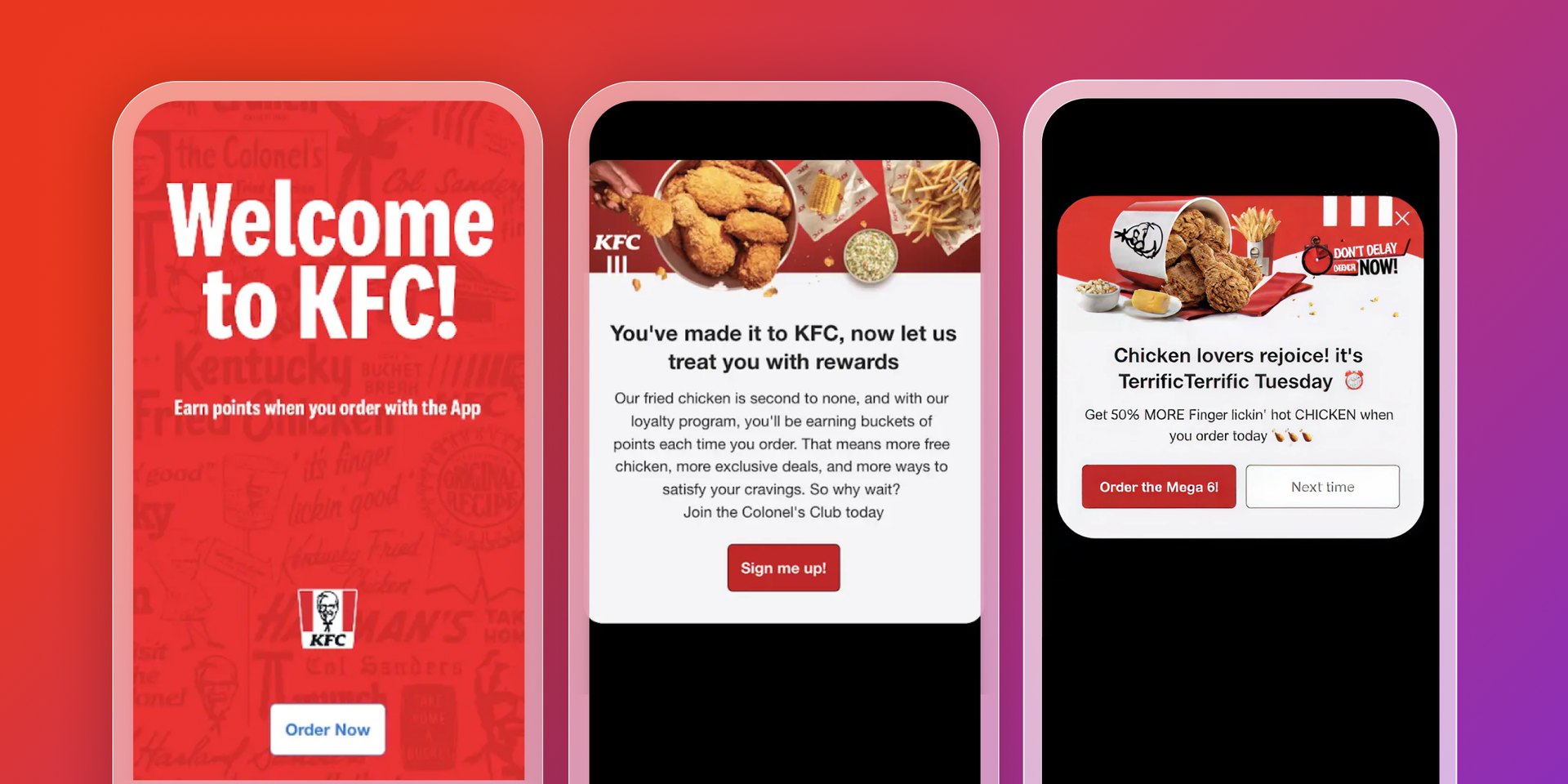 Three smartphone screens displaying welcome, rewards, and daily deal promotions from the KFC app.