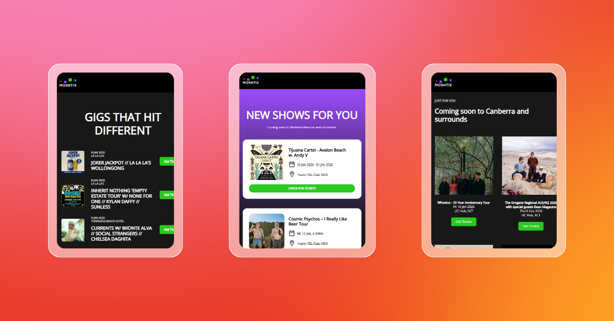 Three mobile phones displaying a music event app.