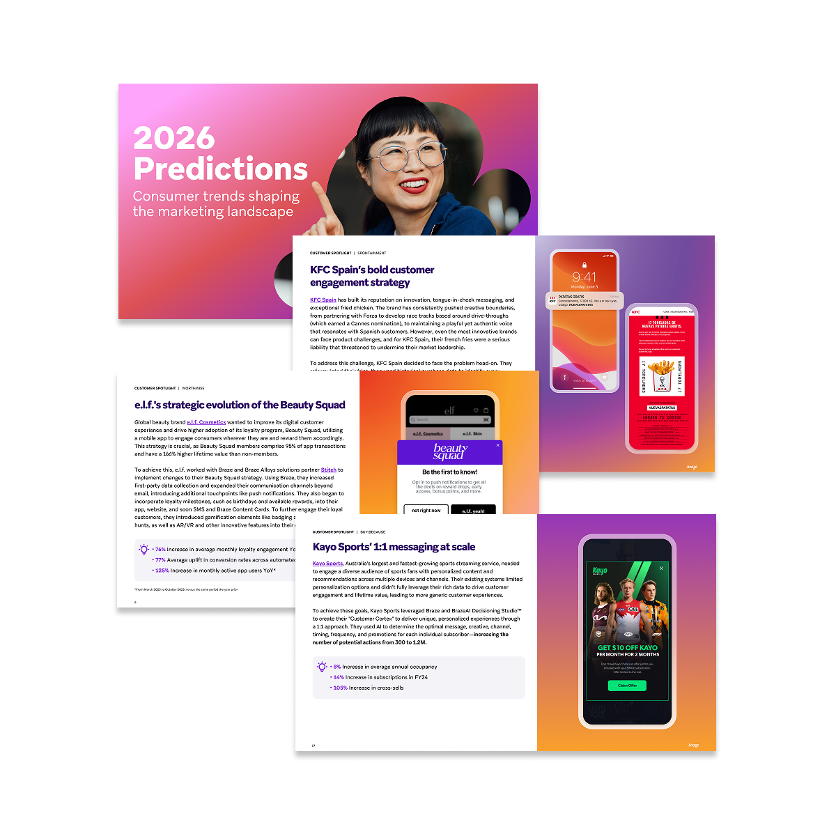 Pages from a "2026 Predictions" business report, featuring articles on marketing strategies for KFC, e.l.f. Beauty, and Kayo Sports, with mobile app screenshots.