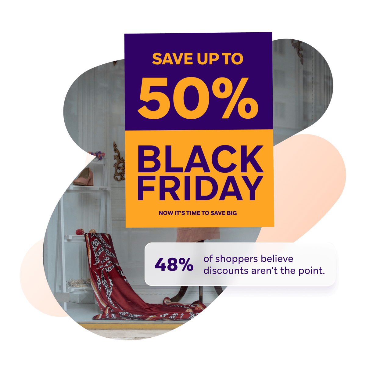 Black Friday promotional graphic featuring the statistic: "48% of shoppers believe discounts aren't the point."