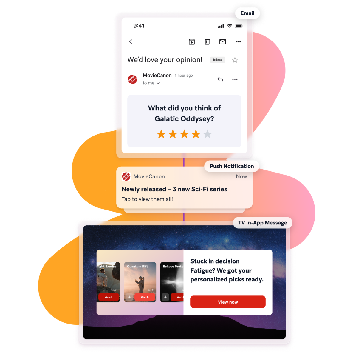 a phone screen shows a notification from movie canon