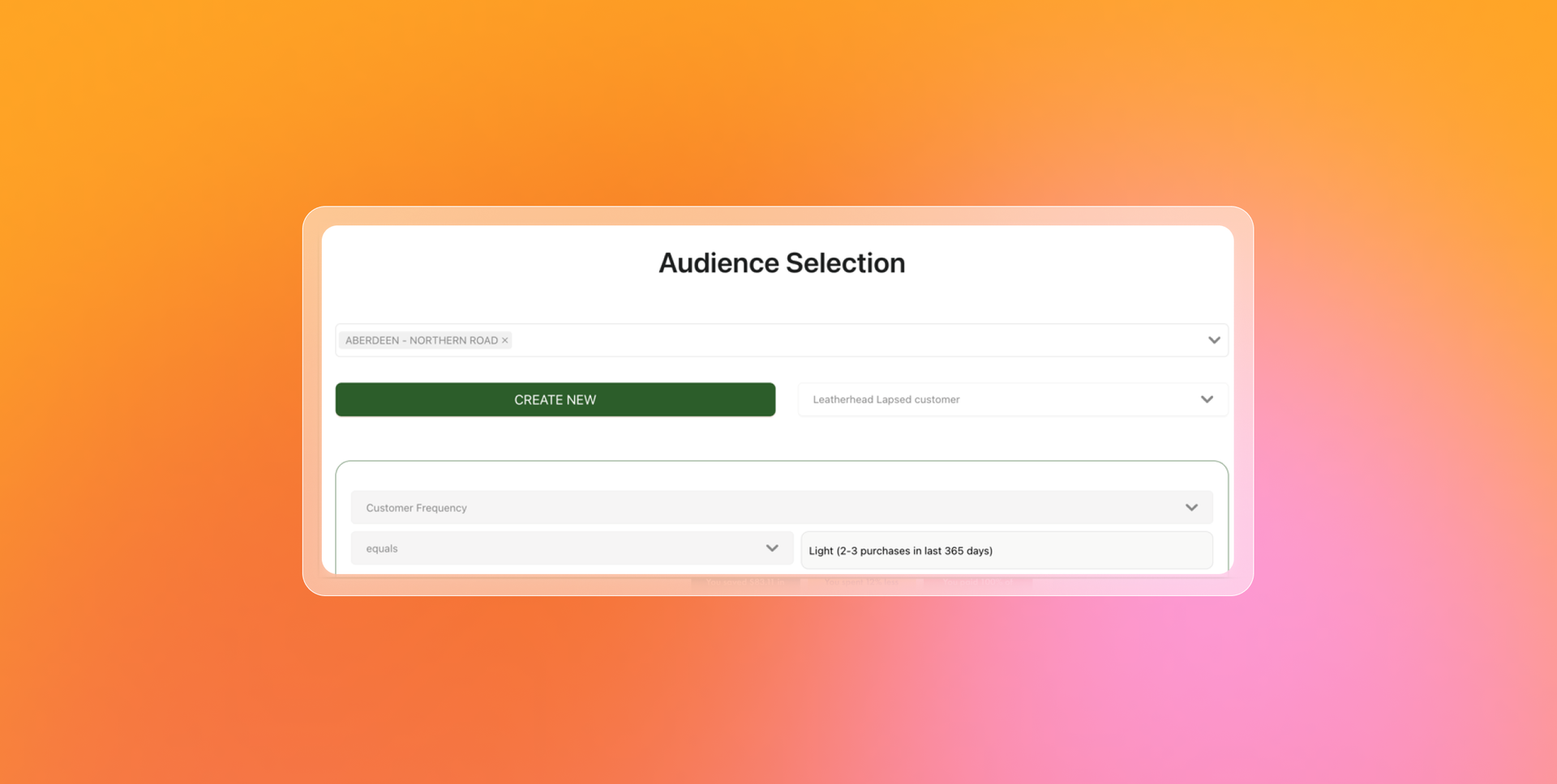 Audience selection UI with dropdowns for customer location, loyalty, and purchase frequency.