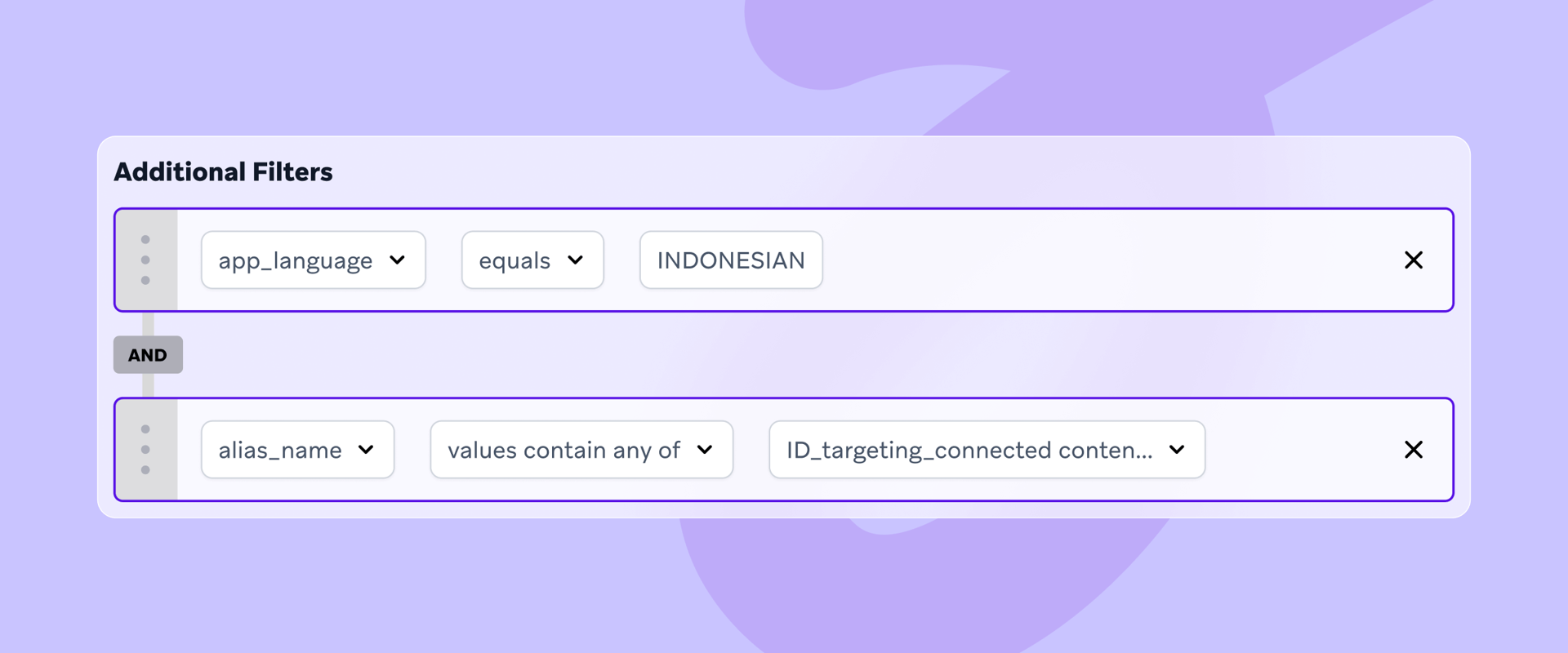 a screen showing additional filters including app language and indonesian