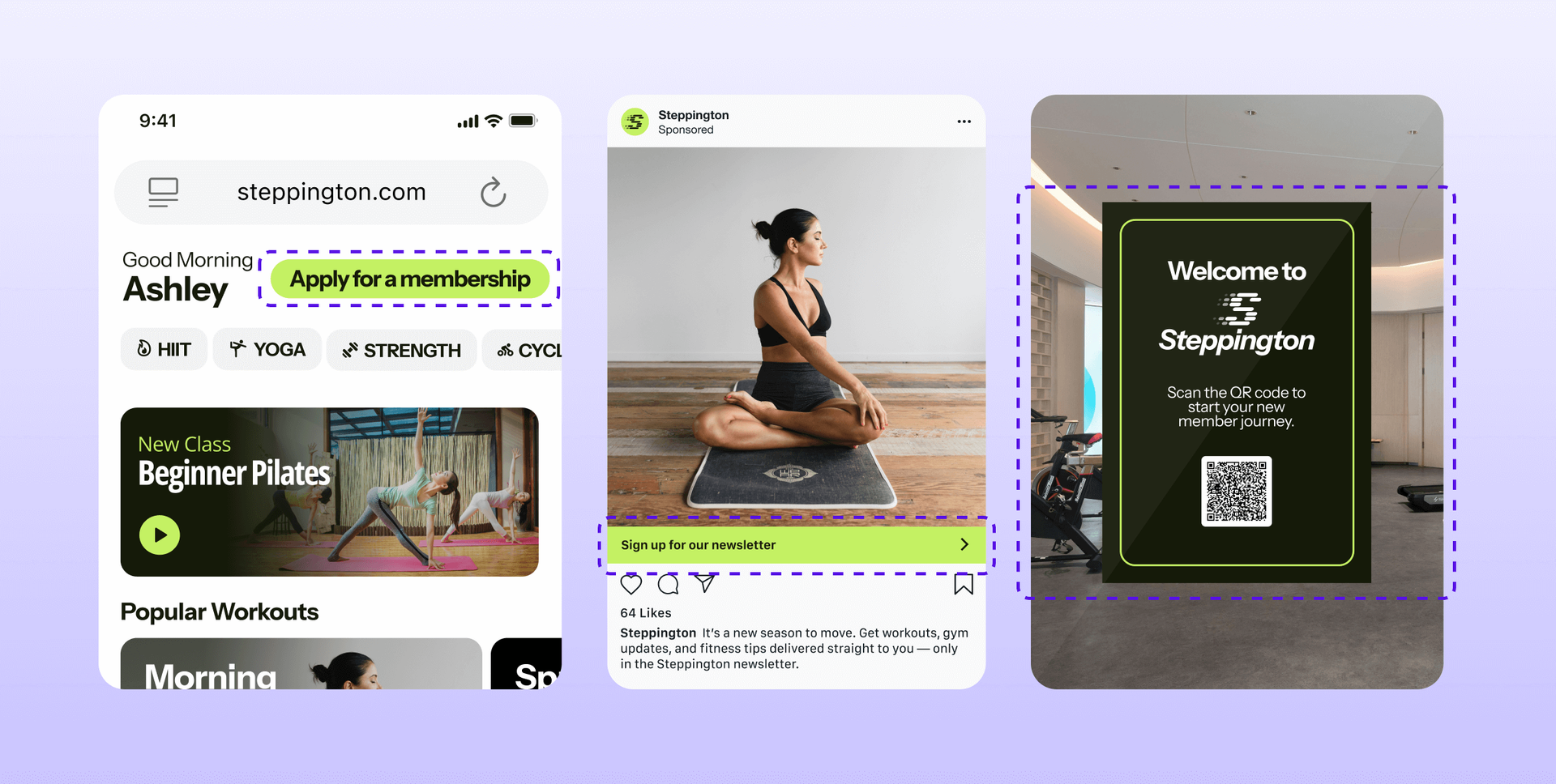 Three panels display Steppington's digital marketing: a mobile website with a membership button, a social media ad with a woman doing yoga, and a gym sign with a QR code for new members.