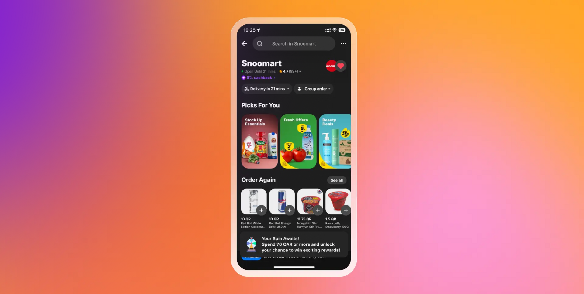 A mobile phone showing the Snoomart shopping app against a colorful gradient background.
