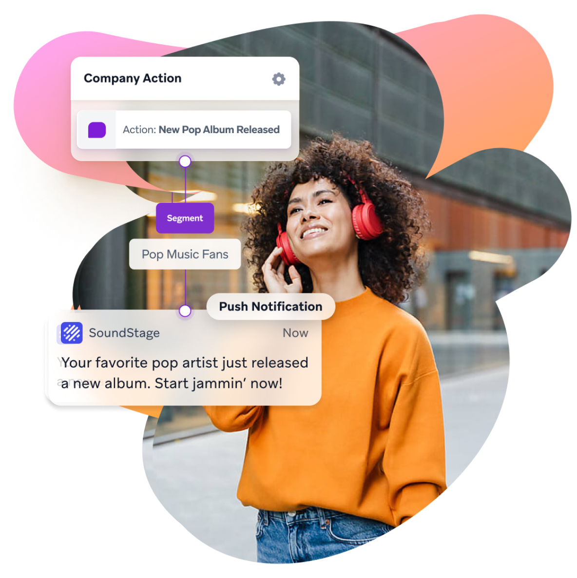 a woman wearing headphones has a notification that says " your favorite pop artist just released a new album "