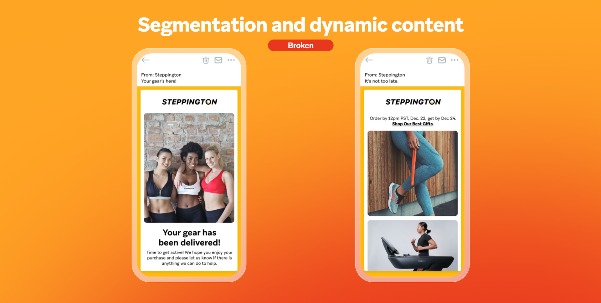 Two mobile phones display emails: a delivery confirmation on the left and a promotional email (marked 'Broken') on the right, illustrating 'Segmentation and dynamic content'.