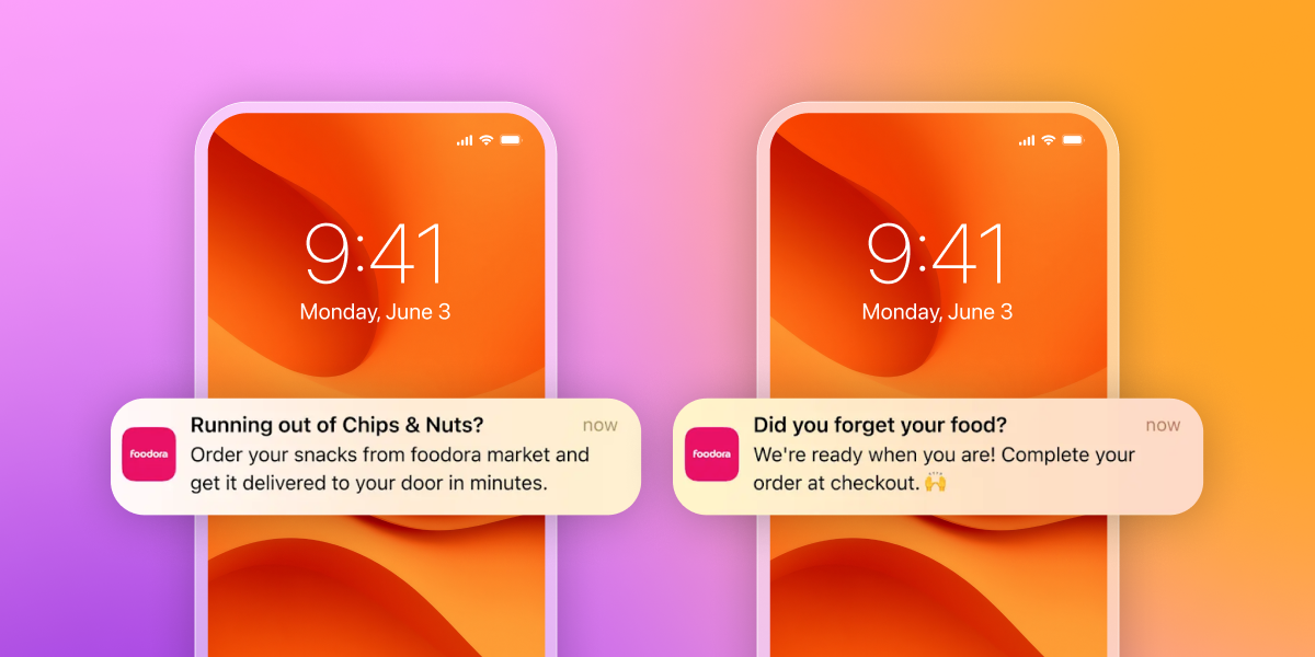 Two phones display Foodora app push notifications for snack delivery and abandoned cart reminders.
