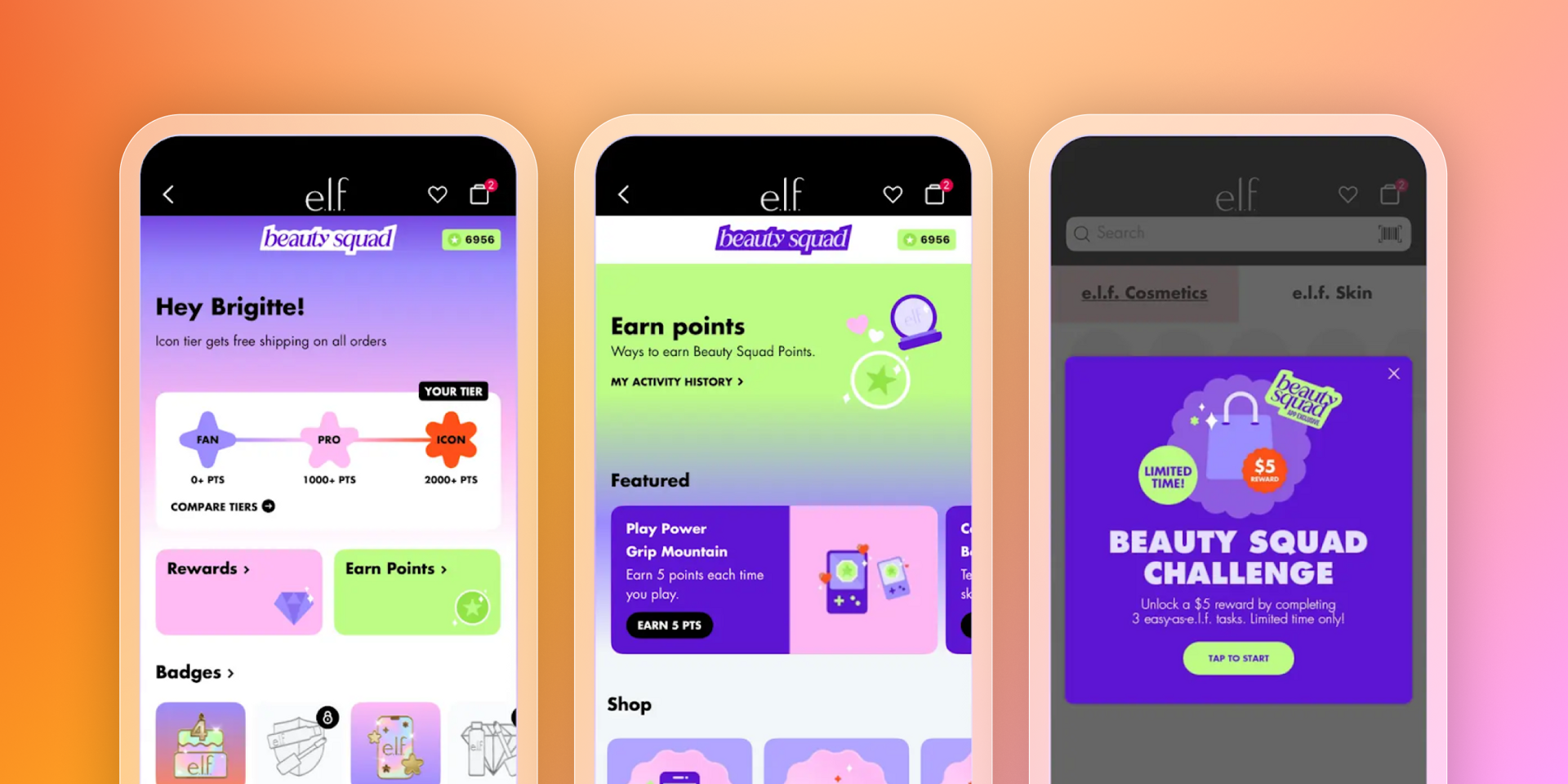 Three mobile phone screens show the elf Beauty Squad loyalty app interface with details on earning points, rewards, and a challenge.