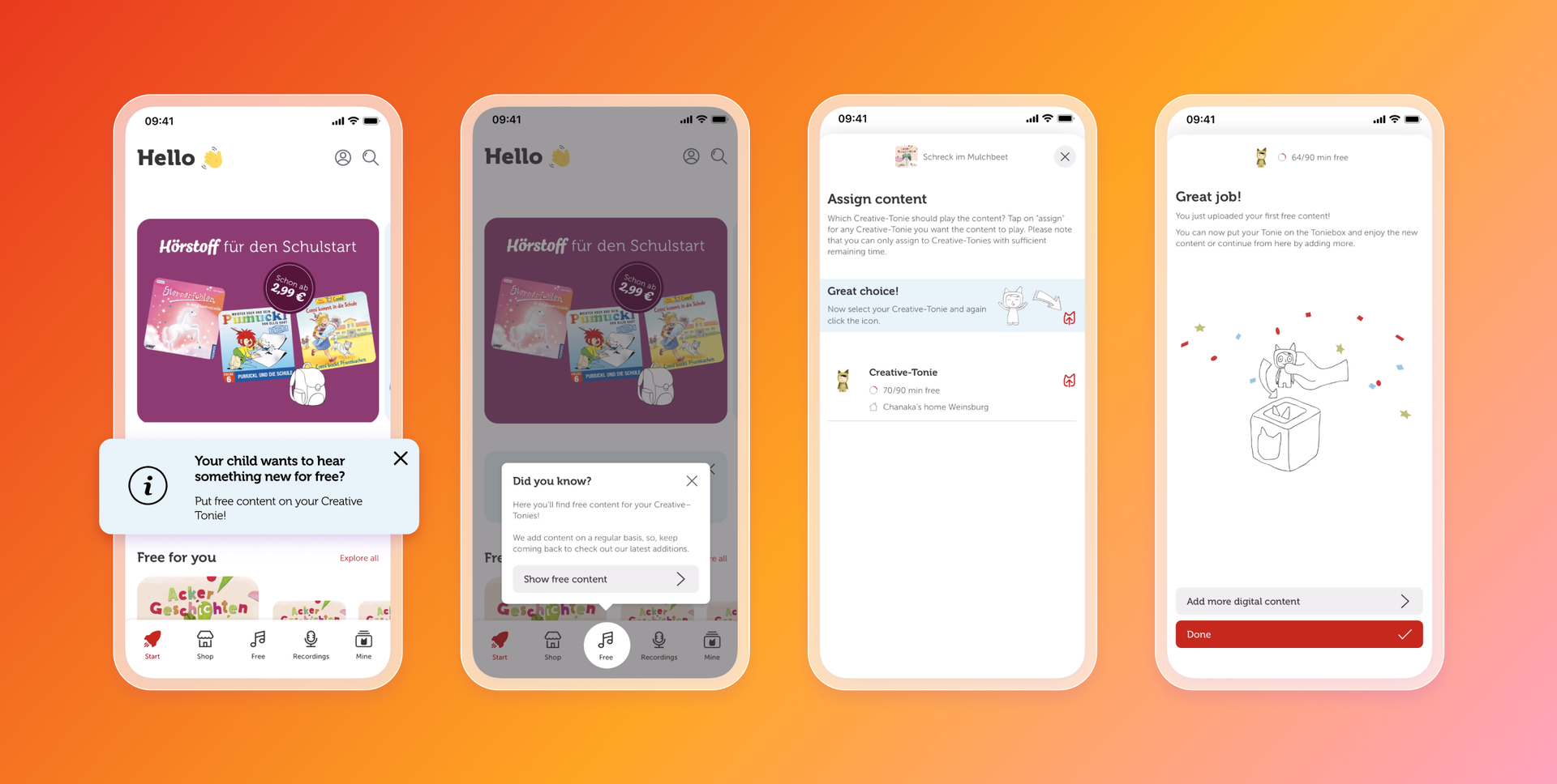 four screenshots of a mobile app called hello
